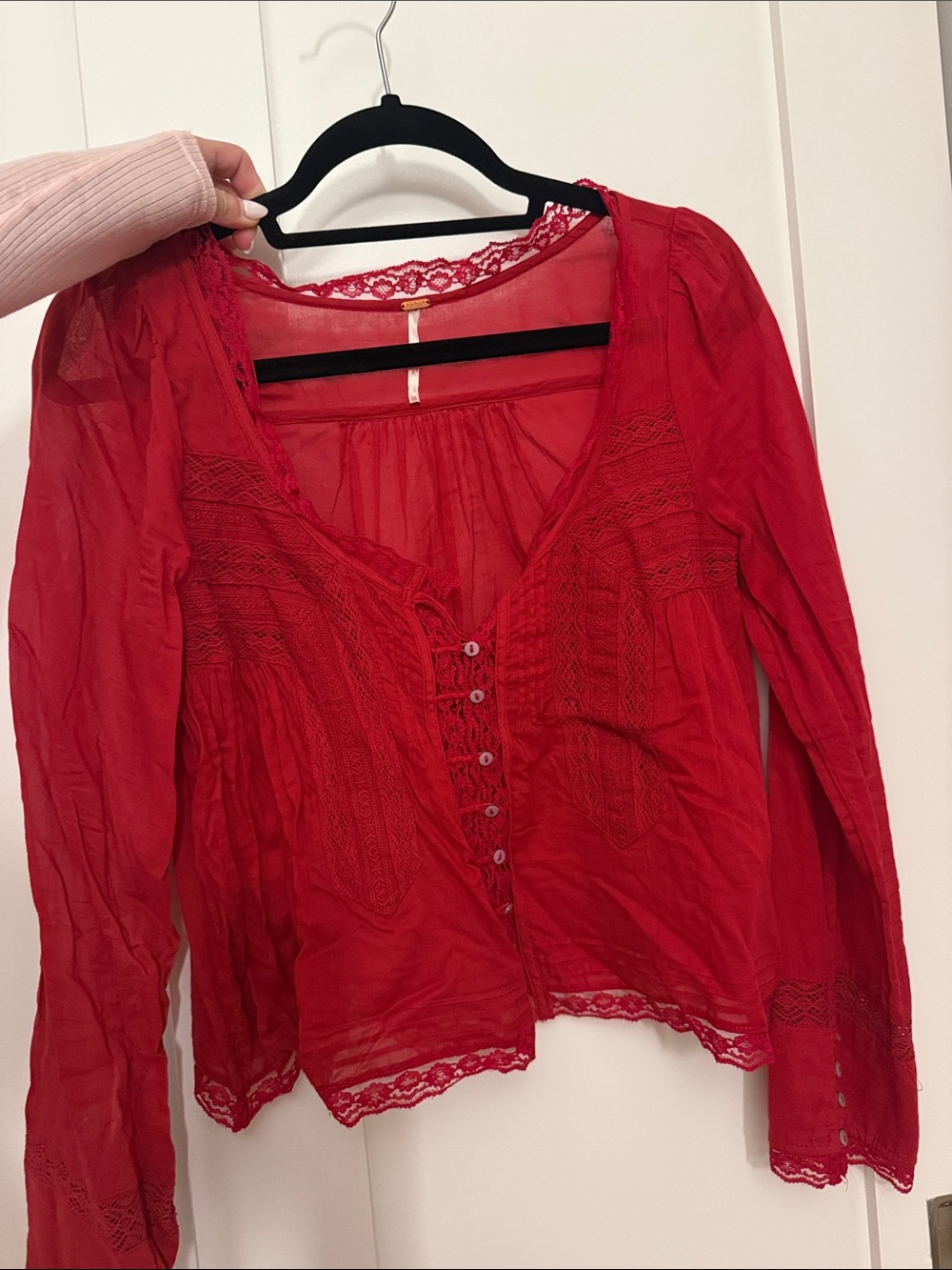 Free People Women's Red Lace-Trim Button Front Top